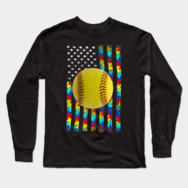 Autism Awareness Flag Softball Player Long Sleeve T-Shirt by Magic Ball
